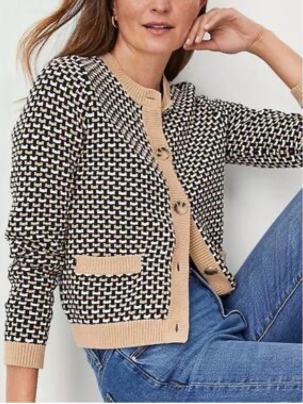 Ann Taylor Black and Cream Patterned Cardigan